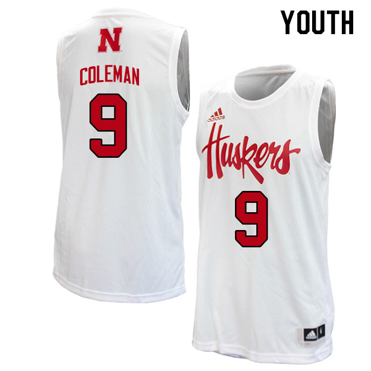 Youth #9 Jarron Coleman Nebraska Cornhuskers College Basketball Jerseys Stitched Sale-White - Click Image to Close
